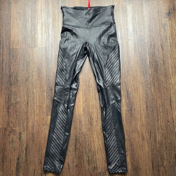 SPANX 20136R Black Faux Leather Moto Leggings Full Length Hi Rise SIZE Small - Picture 1 of 8